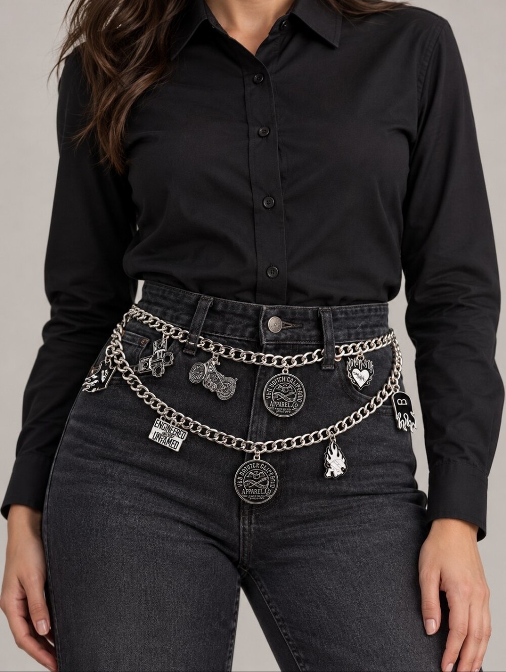 Von Dutch Silver Multi-Charm Chain BELT Logo Tags Streetwear L/XL